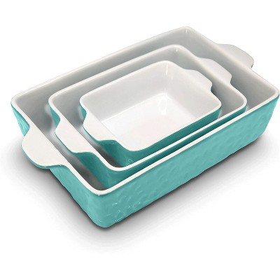 NutriChef NCCREX3 Rectangular Ceramic Stackable 3 Piece Nonstick Stain Resistant Oven and Microwave Safe Kitchen Bakeware Pan Set, Aqua