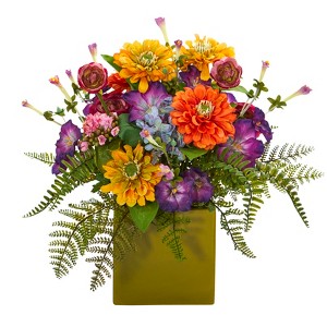 Nearly Natural Mixed Floral Artificial Arrangement in Green Vase - 1 of 1