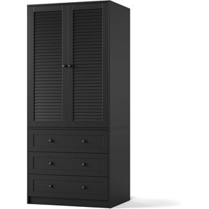 Wooden Armoire Wardrobe Closet with Drawers, Wardrobe Cabinet with Hanging Rod, 2 Doors Clothing Storage Cabinet, Louvered Door 69.5" - 1 of 4
