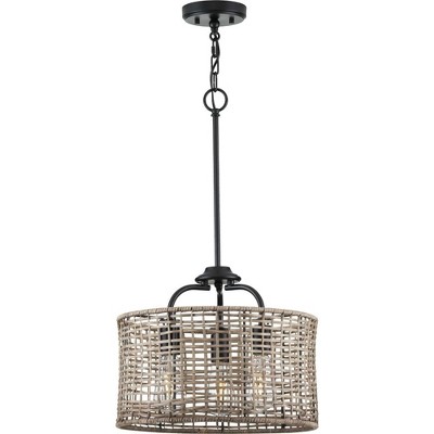 Matte Black and Rattan 3-Light Semi-Flush Mount Ceiling Light