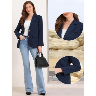 Женские куртки INSPIRE CHIC Women's Notched Lapel Single Breasted Long Sleeve Straight Lined Suit Jacket Blazer Medium Dark Blue — фото 2