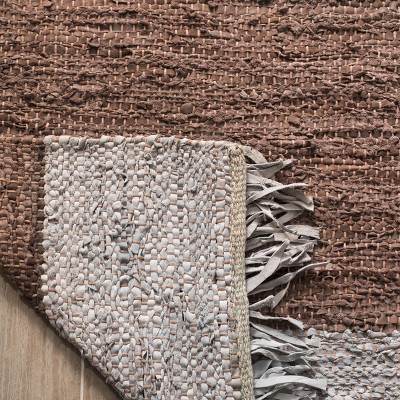 Handmade Light Grey and Brown Leather Fringe Area Rug