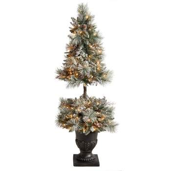 Nearly Natural 5-ft Flocked Porch Christmas Tree with 100 LED Lights and 186 Bendable Branches in Decorative Urn