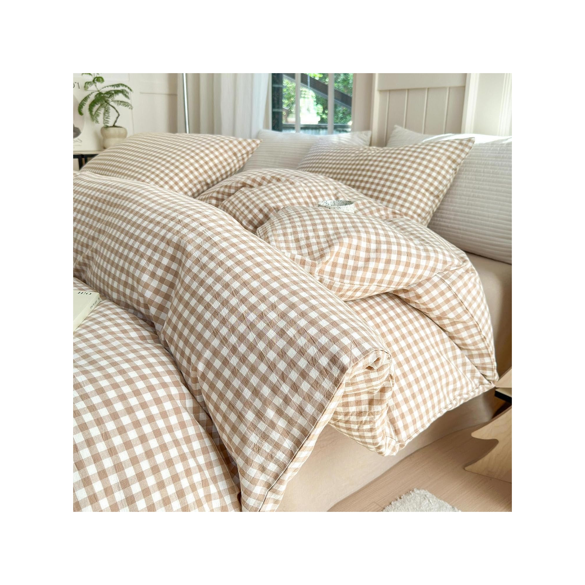 BALHAM TRADE-Tan Gingham Comforter Set Queen 3 Pieces, Soft Fluffy Grid Checkered Bedding Set A1#03 Tan Gingham Queen 90"x90"