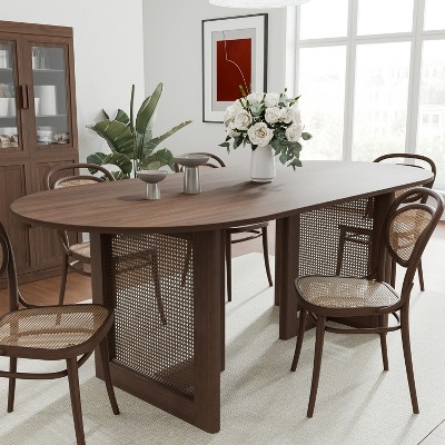 SpassWay 30"H Rattan Oval Wood Dining Table Kitchen Table Conference Table with Double Pedestal