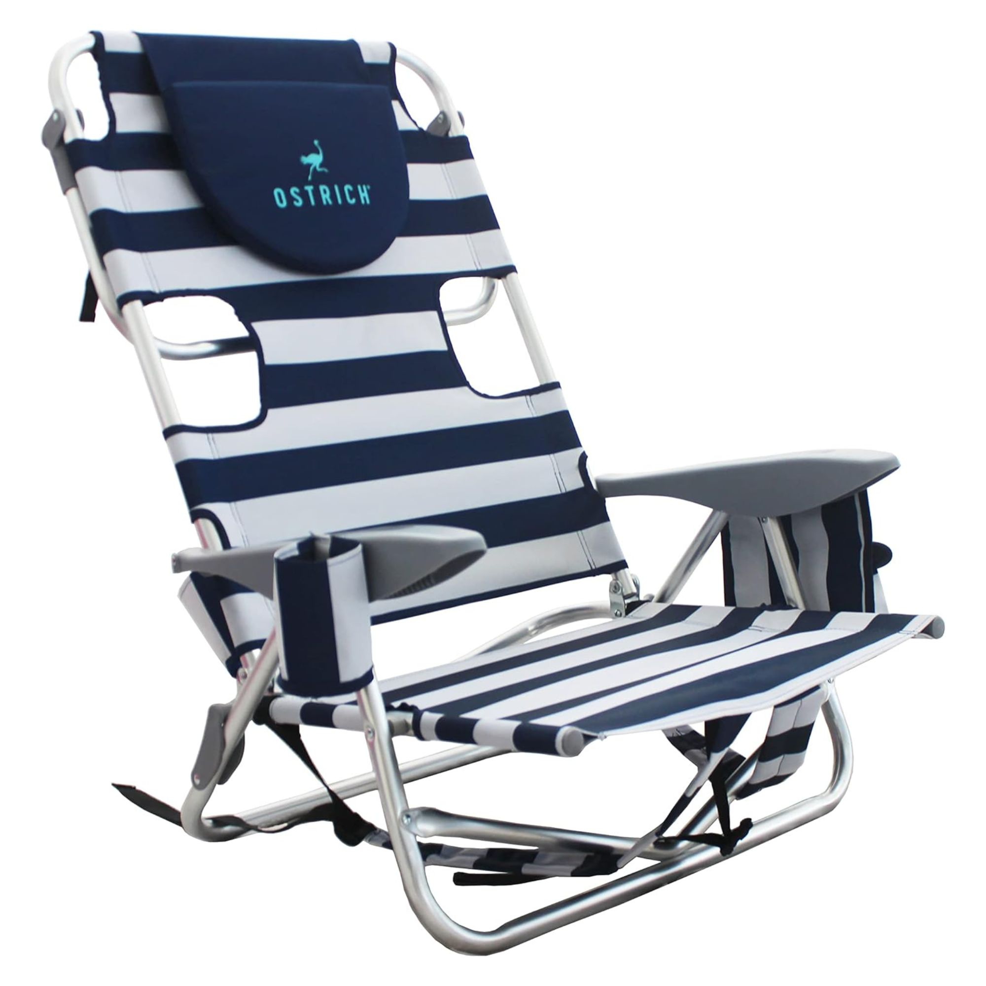 Ostrich The Deluxe Backpacker, Portable Beach Chair with Cooler Bag, Carry Straps, Umbrella Carry System, Cup Holder, & 275lb Capacity, Blue Stripe