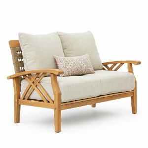 Sonoma Lane Eola Teak Outdoor Loveseat with Honey Twist Wicker and Tan Zippered Cushions - Weather-Resistant - 1 of 4
