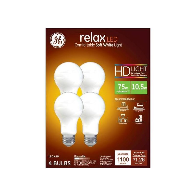 GE 4pk 10.5W 75W Equivalent Relax LED HD Light Bulbs Soft White, 1 of 5