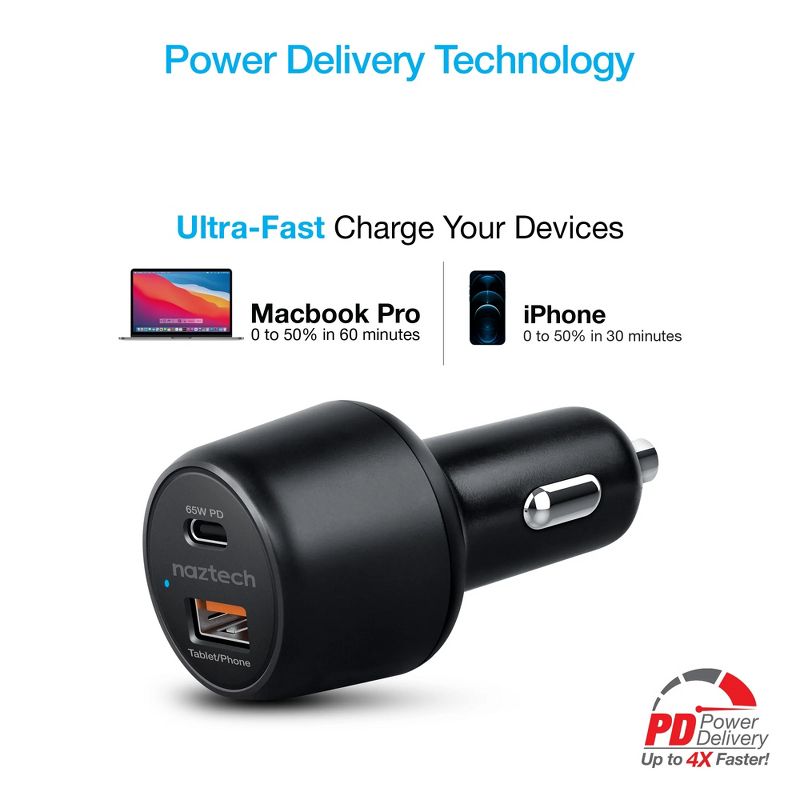 Naztech SpeedMax65 65W USB-C PD + USB Laptop Car Charger with Quick Charge 3.0 | Black, 5 of 13