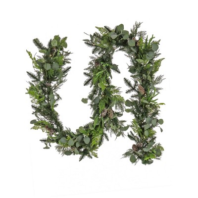 HGTV 9' Pre-lit Winter Garden Mixed Greenery Christmas Artificial Garland Warm White LED Lights
