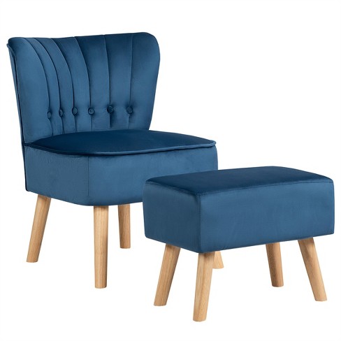 Blue velvet chair online and ottoman