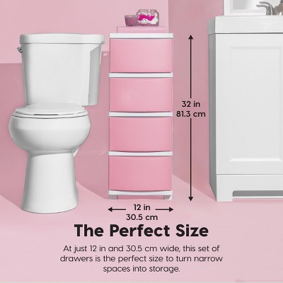 Slim White and Pink Plastic 4-Drawer Storage Cart