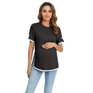 Clearlove Maternity Shirts Women's Casual Floral Print Tops Pregnancy Short Sleeve Side Split Top - 1 of 4