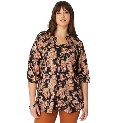 Roaman's Women's Plus Size Ruffle Neck Boho Blouse.