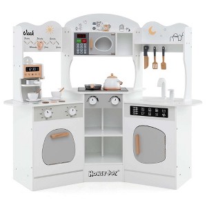 Honeyjoy Corner Kitchen Playset with Coffee Machine Oven Microwave Washing Machine White/Brown/Pink - 1 of 4