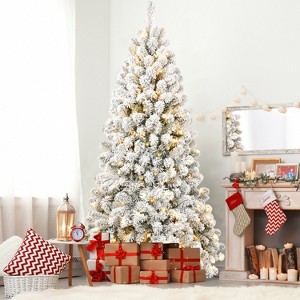 DOMETOUR Pre-lit Snow Flocked Christmas Tree Artificial Xmas Tree with Branch Tips and Warm Incandescent Lights - 1 of 4