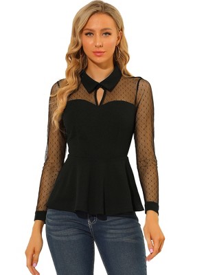 INSPIRE CHIC Women's Mesh Sheer Long Sleeve Turn Down Collar Keyhole Peplum Top
