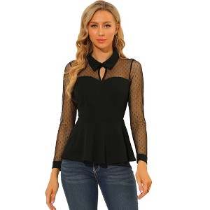 INSPIRE CHIC Women's Mesh Sheer Long Sleeve Turn Down Collar Keyhole Peplum Top - 1 of 4