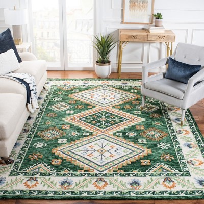 Ivory and Green Hand Tufted Wool Area Rug 8' x 10'