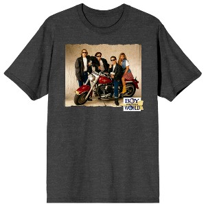 Boy Meets World Cory, Topanga, Shawn, and Eric on a Motorcycle Men's Charcoal Heather Short Sleeve Tee - 1 of 3