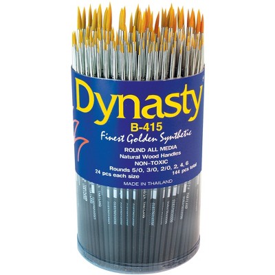 Dynasty B-415 Round Cylinder Fine Golden Synthetic Nylon Short Wood Handle Paint Brush Set, Assorted Size, Black, set of 144