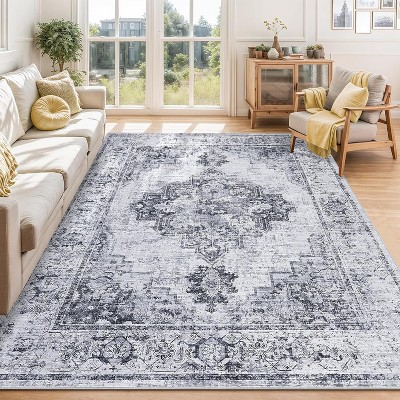 Washable Neutral Rugs - Soft Vintage Low Pile, Boho Farmhouse Carpet for Living Room, Bedroom & Dining Room - Non-Slip Indoor
