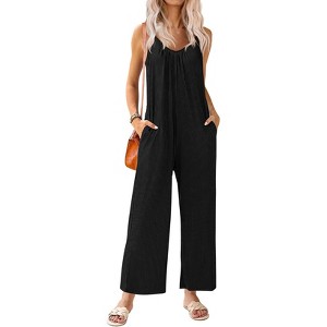 Ekouaer Sleeveless Womens Jumpsuits Ribbed Adjustable Spaghetti Strap Loose Long Pants Romper Jumpsuit - 1 of 4