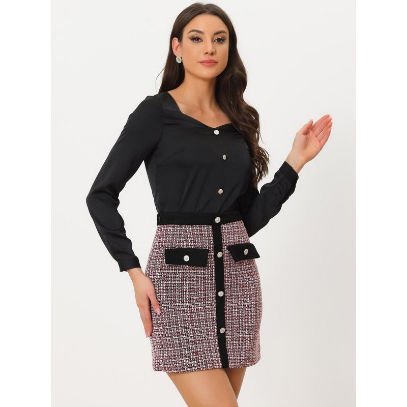 Allegra K Women's Plaid Tweed Contrast Color Button Decor Business Casual Mini Skirt, 3 of 6