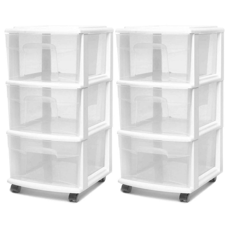 Homz Clear Plastic 3 Drawer Medium Home Organization Storage Container Tower with 3 Large Drawers and Removeable Caster Wheels, White Frame (2 Pack), 1 of 7
