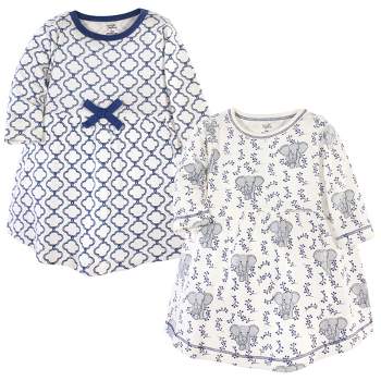 Touched by Nature Baby and Toddler Girl Organic Cotton Long-Sleeve Dresses 2pk, Blue Elephant