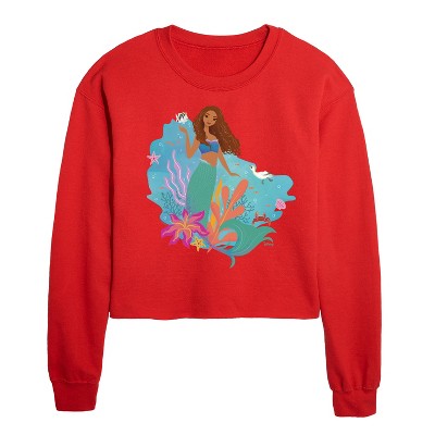 Disney Ariel Cropped Long Sleeve Crew Neck Sweatshirt - Red - X-Large