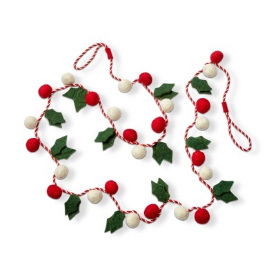 tag 72-inch Green Holly Leaves Red White Berries Wool Felt Garland Doorway Tabletop Wall Mantel Home Decoration Christmas Tree Decor