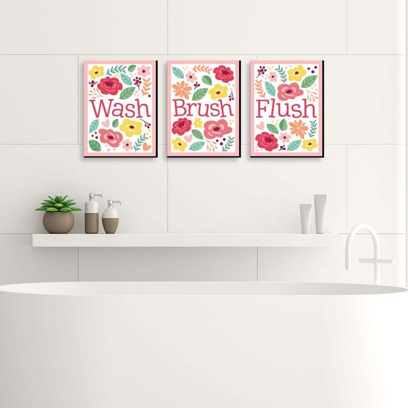 Big Dot of Happiness Floral - Garden Kids Bathroom Rules Wall Art - 7.5 x 10 inches - Set of 3 Signs - Wash, Brush, Flush, 2 of 7