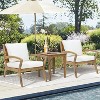 LuxenHome Outdoor Acacia Wood Side Table and Set of 2 Armchairs with White Cushions - 3 of 4