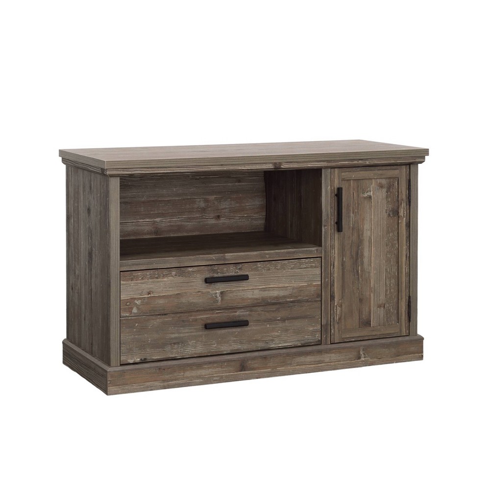 Sauder Aspen Post Small Office Credenza Pebble Pine: Laminated MDF, Metal Hardware, Spot Clean