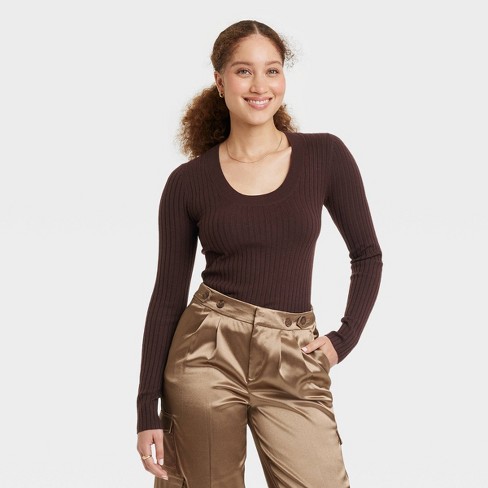 Women's Fine Gauge Scoop Neck Sweater - A New Day™ Dark Brown S
