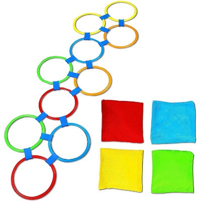 Blue Panda 29 Pieces Hopscotch Outdoor Games for Kids, 10 Rings, 4 Bean Bags, 15 Connectors