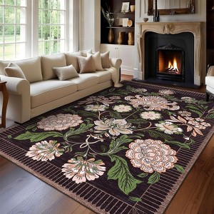 Washable Floral Botanical Rug Non Slip Low Pile Rug Soft Vintage Throw Floor Cover Foldable Indoor Carpet for Living Room Bedroom Playroom Kids Room - 1 of 4