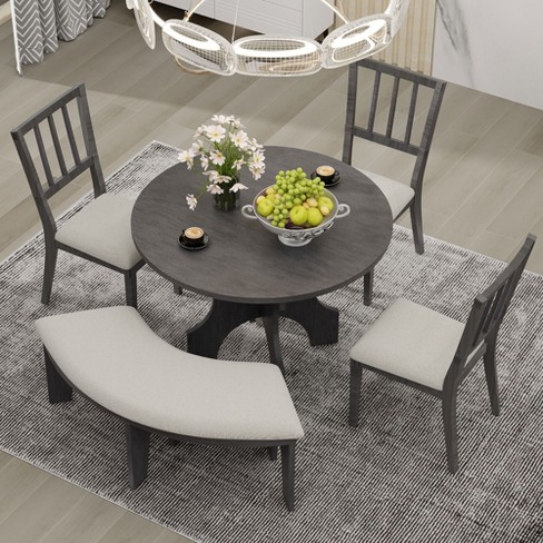 5 Pcs Dining Table Set, Round Dining Table With Curved Bench & Side ...