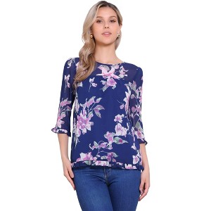 INSPIRE CHIC Women's Round Neck Ruffle 3/4 Sleeve Floral Print Chiffon Blouse - 1 of 4