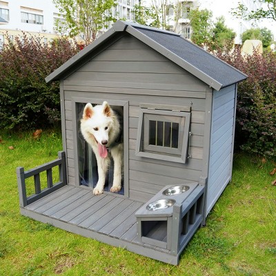 LAOTIES 44'' Large Wooden Outdoor Dog House with Porch,Pet Shelter with Insulated Roof,Lockable Door And Feeding Bowls