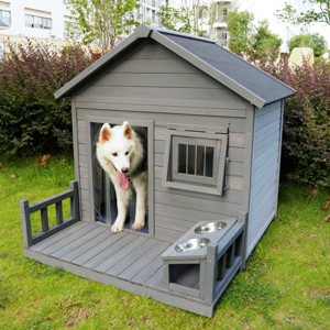LAOTIES 44'' Large Wooden Outdoor Dog House with Porch,Pet Shelter with Insulated Roof,Lockable Door And Feeding Bowls - 1 of 4