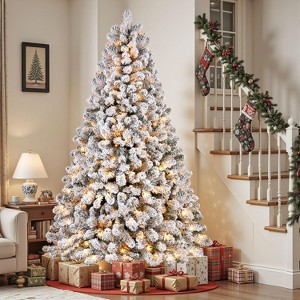 4.5-9Ft Pre-Lit Christmas Tree, Premium Snow Flocked Automatique Xmas Tree,with Branch Tips & Warm Lights, Christmas Tree Holiday Decoration - 1 of 4