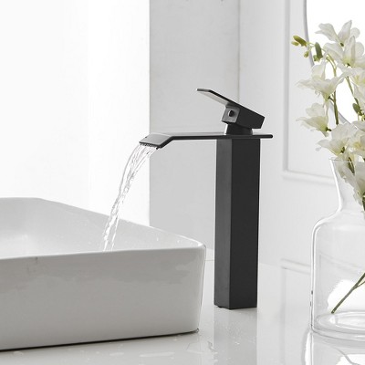 Matte Black Tall Waterfall Vessel Sink Faucet with Pop-Up Drain
