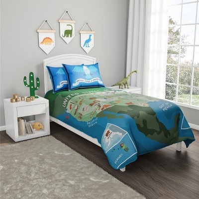 Blue Twin Microfiber Quilt Set with USA Landmarks