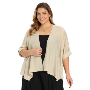 Women's Plus Size Open Front 3/4 Sleeve Waterfall Style Irregular Hem Lightweight Casual Cardigans - GRACE & GRANDEUR - 1 of 4