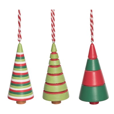 Transpac Set of 3 Wood Carved Tree Ornaments Multicolor Rustic Christmas Decorations for Indoor Use and Gift Giving