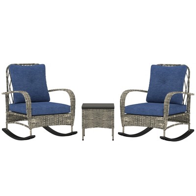 Outsunny 3 Pieces Patio Furniture Set, Wicker Rocking Chairs with Coffee Table, Cushions, Outdoor Bistro Set for Porch, Garden