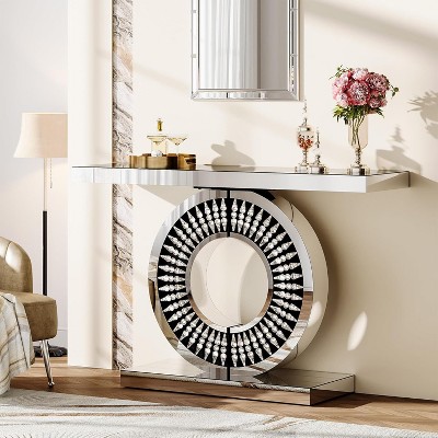 Luxurious Silver Mirrored Console Table with Crystal Inlays