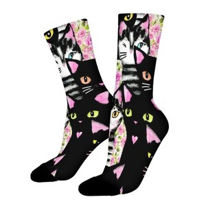 Black Cat With Pink Flowers Women Printed Crew Socks Funny Funky Socks Soft Polyester Novelty Gifts for Artists Men - 1 of 1